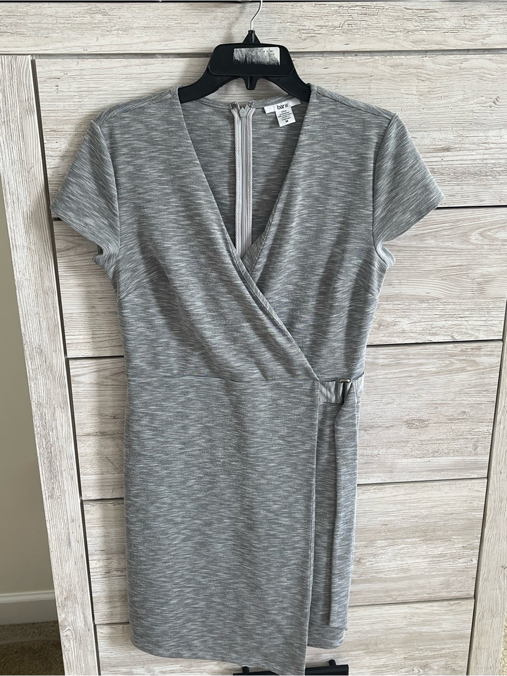 Bar III Heather Gray Faux Wrap Sheath Dress Side Buckle Work Career office med!